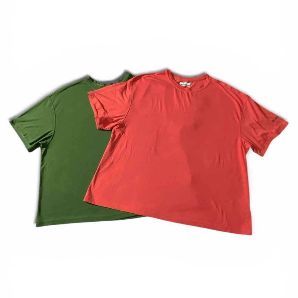 Lot Of 2 Columbia Crop Tee’s Olive Green & Pink Size Large #255